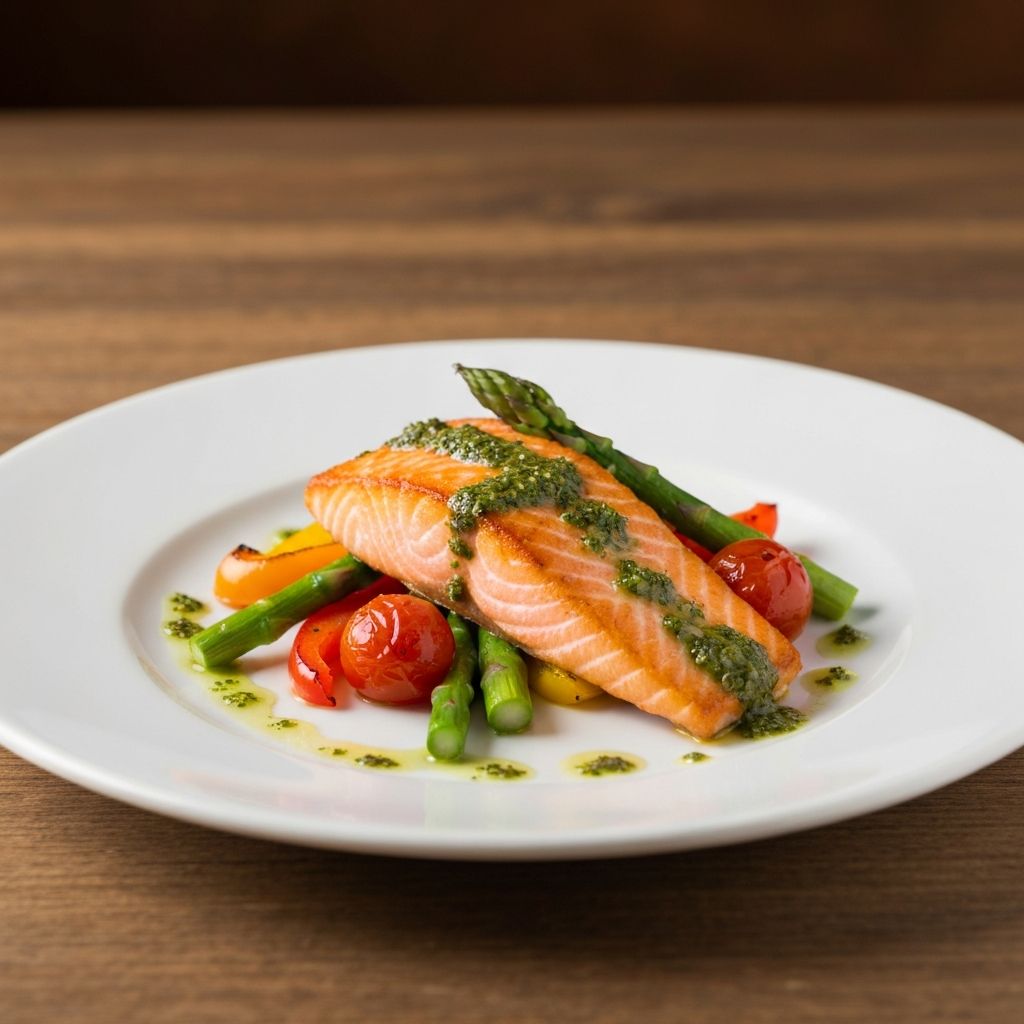 Delicious chef-crafted healthy meal with grilled salmon and fresh vegetables